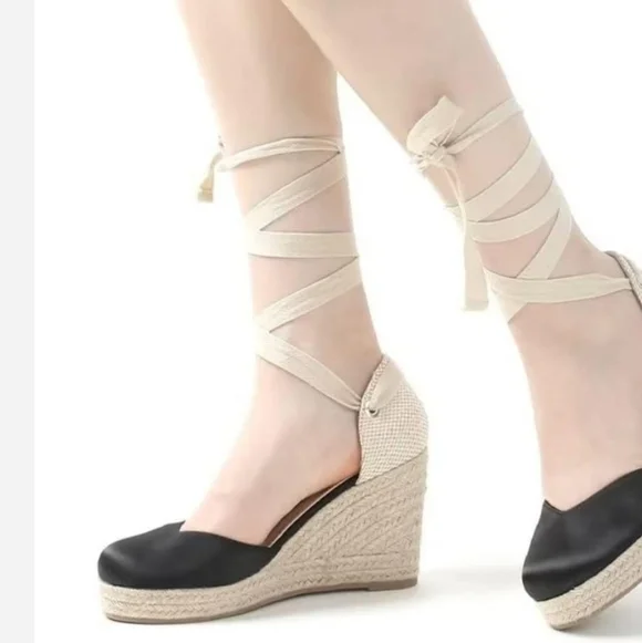 NEW! Espadrille wedges black tie lace up heels platform sandals casual size 10 - Picture 5 of 6